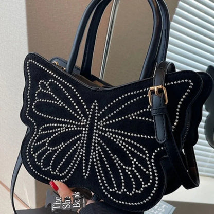 eybag Black Butterfly Design Handbag with Rhinestone Accents