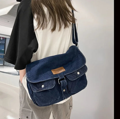 Lkblock Denim Vintage Shoulder Bags for Women Japanese Fashion College Style Mens Messenger Bag Multi-functional Designer Handbag