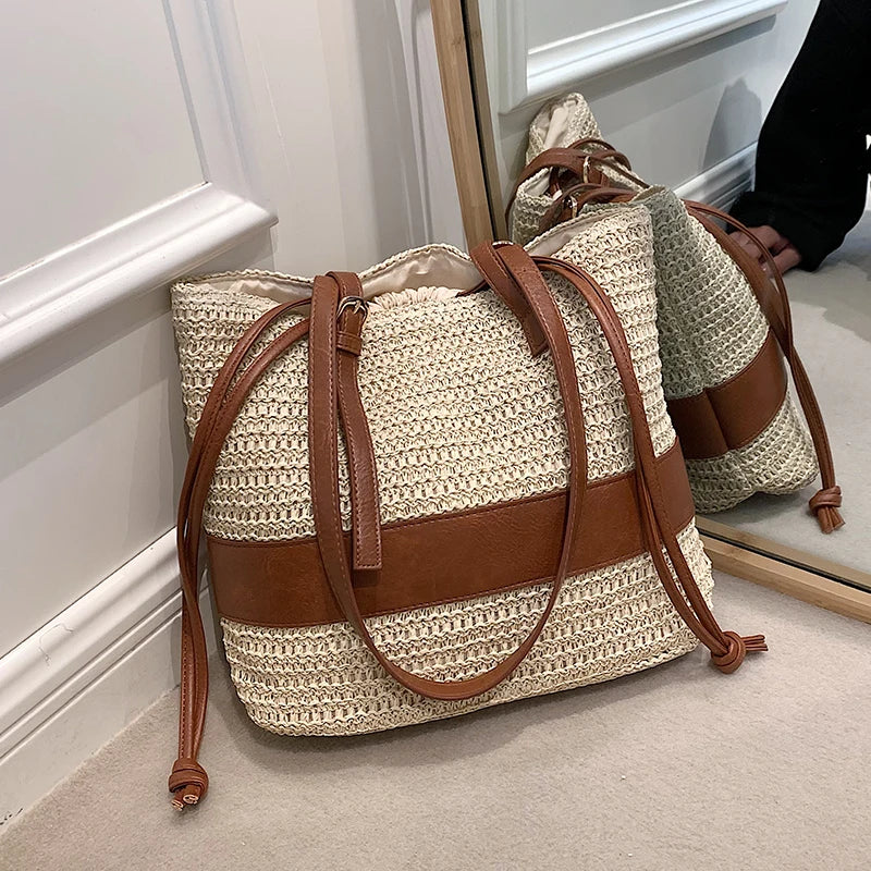 eybag Summer Straw Bag For Women Woven Handmade Handbag Large Capacity Lady Tote Vacation Beach Bag Rattan Shoulder Bag splicing Totes