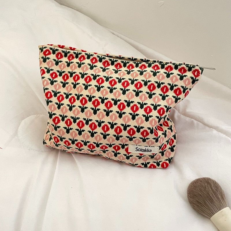 Lkblock Corduroy Make Up Organizer Clutch Bag Retro Flower Print Cosmetic Bag Wash Bag Women Travel Cosmetic Pouch Beauty Storage Cases