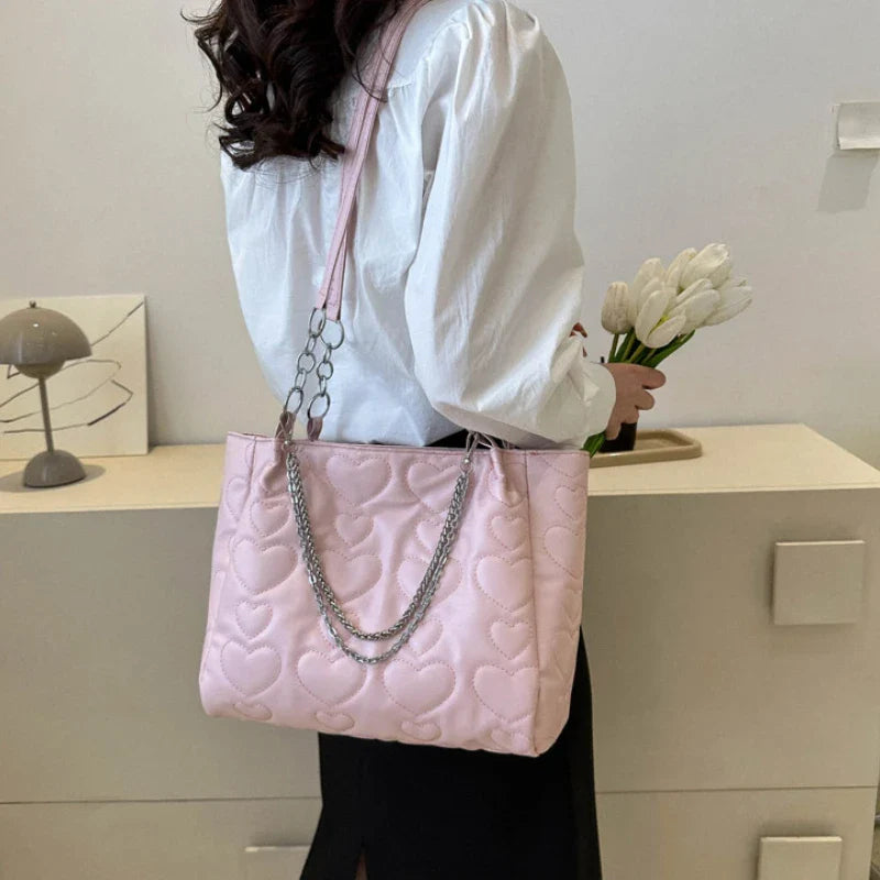 eybag Peach Heart Chain Canvas Bag Women New Fashion Sweet and Cute Tote Bag Student Class Large Capacity Bag