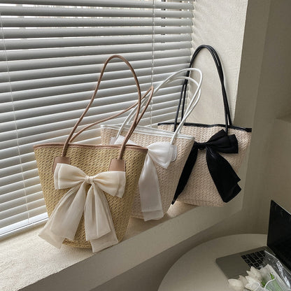 eybag Casual Straw Woven Handbags Women Summer Holiday Beach Bow Totes Top-Handle Bags Fashion Ladies Undearm Shoulder Bags