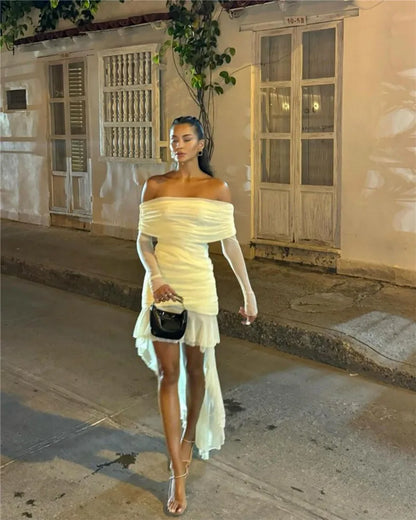 eybag Off-shoulder Ruffled Sexy Mini Dress For Women Fashion Mesh Strapless Long Sleeve Backless Bodycon Club Party Dress