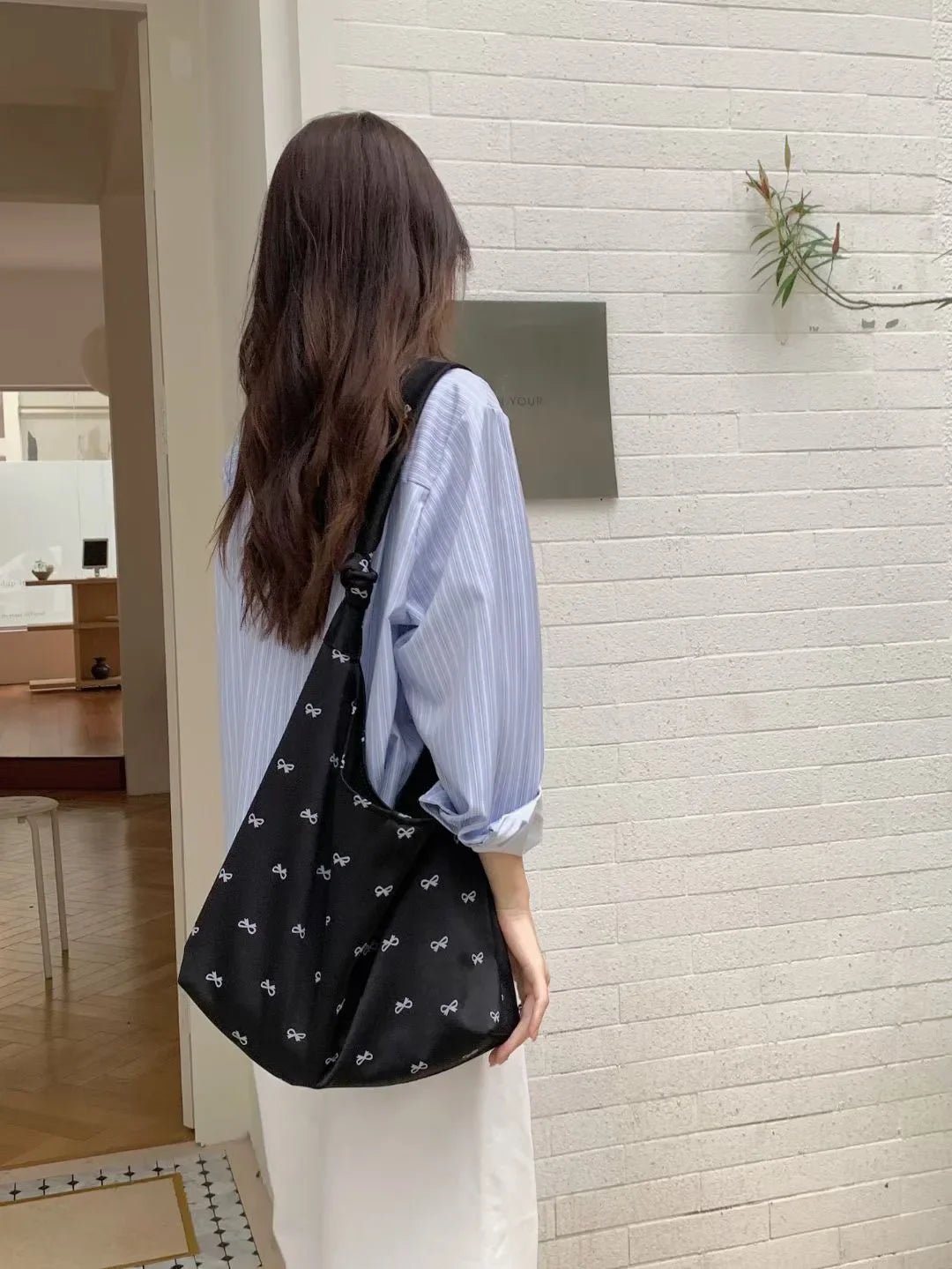 eybag Literary Fresh Nylon Shoulder Bag Fashionable Lazy Style Bow Tie Crossbody Bag Solid Versatile Large Capacity Women's Tote Bag