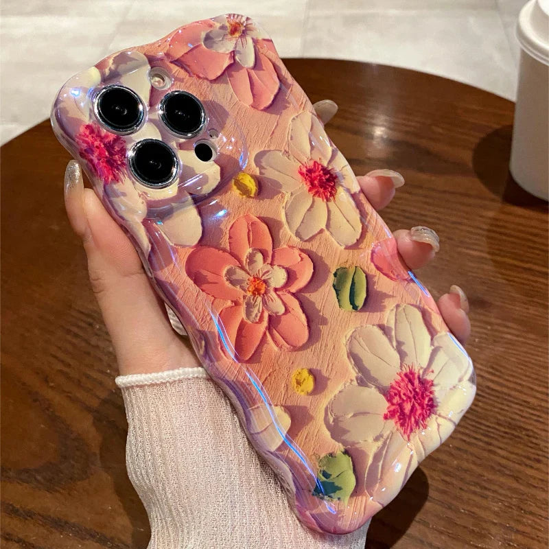 eybag Luxury Laser Pink Glitter 3D Painting Flowers Phone Case For Iphone 11 12 13 14 15 Pro MAX Shockproof Bumper TPU Soft Back Cover