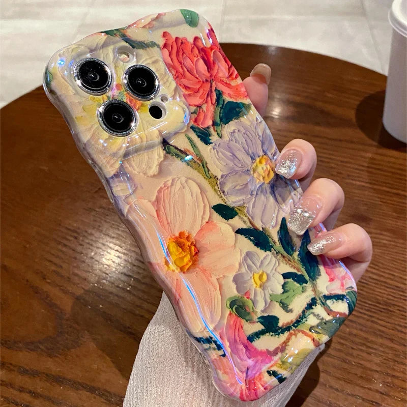 eybag Luxury Laser Pink Glitter 3D Painting Flowers Phone Case For Iphone 11 12 13 14 15 Pro MAX Shockproof Bumper TPU Soft Back Cover