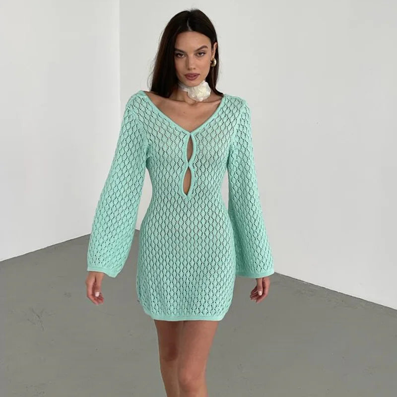 eybag Beige Knitted Hollow Out Mini Dress Women Long Sleeve Backless Slim Summer Beach Dress Female Fashion Sexy Cover-Ups 2024