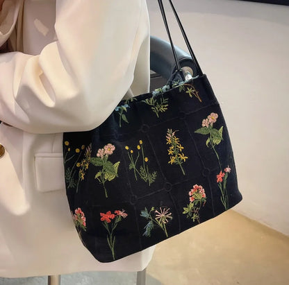 Lkblock National Retro Flowers Tote Bag Bags For Women Trend 2024 Embroideried FloralWomen's Designer Handbag Bucket Shoulder Cross Bags