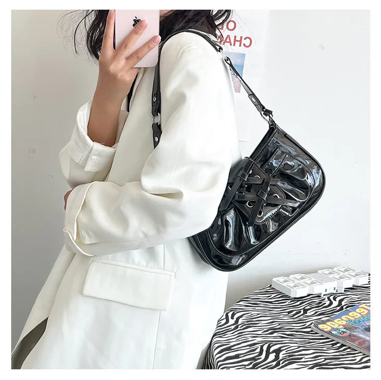 eybag Sweet Cool Black Handbag Women Hot Girls Bow Mirror Chic Half Moon Shoulder Bag Female Harajuku Aesthetic Y2k Handbag