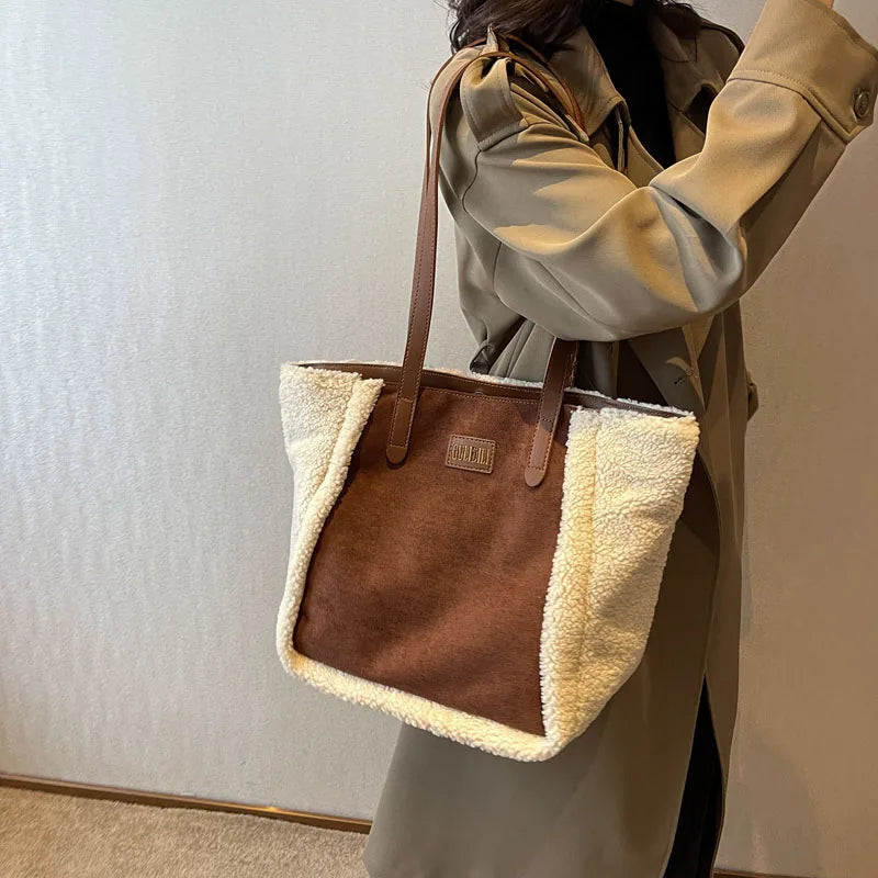 eybag Retro Soft Faux Suede Big Tote Bag for Women Winter Plush Shoulder Bags High-capacity Female Handbags