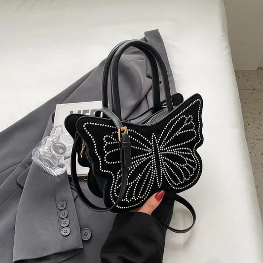 eybag Black Butterfly Design Handbag with Rhinestone Accents