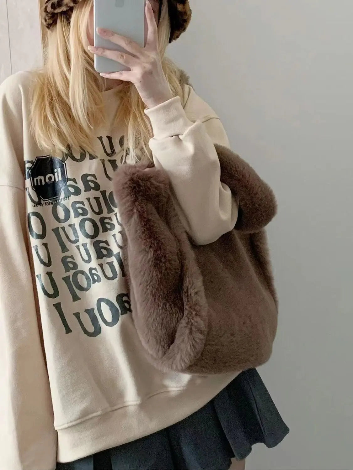 eybag Plush Tote Bag Women Autumn Vintage Fur Soft Large Capacity Coffee Shoulder Bag Female Retro Y2k Handbag Aesthetic