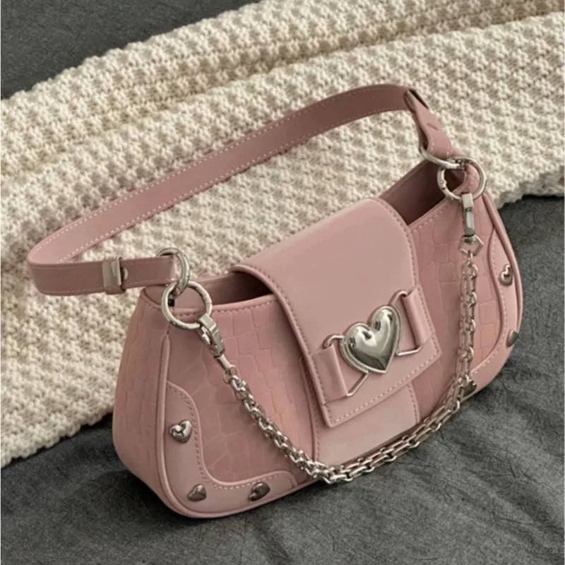 eybag Heart applique chain contrast zip-up handbag