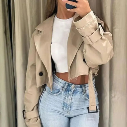 eybag Women Fashion Belt Cropped Coat Long Sleeve Turn Down Collar Short Jacket Vintage Chic Double Breasted Trench Coats Lady Outfit