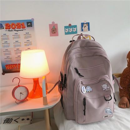 eybag College Girl School Bag Fashion Women Backpack Men Cool Nylon Travel Backpack Femlae Big Schoolbag Multi-pocket Badge Bookbag