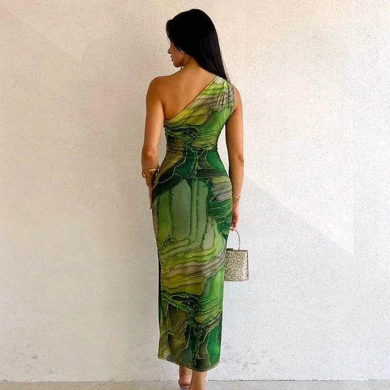 eybag Green Print Long Dress Women Fashion One Shoulder Slim Evening Party Dresses Summer Sexy Backless Ruched Maxi Dress 2024