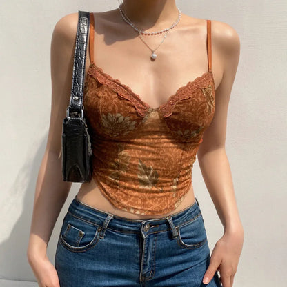 eybag Floral Print Vintage American Mesh Camisole, Women's Eye Lace Trim, V-neck Brown, Cute Y2k 2024 Fashion Crop Top Women's 90s