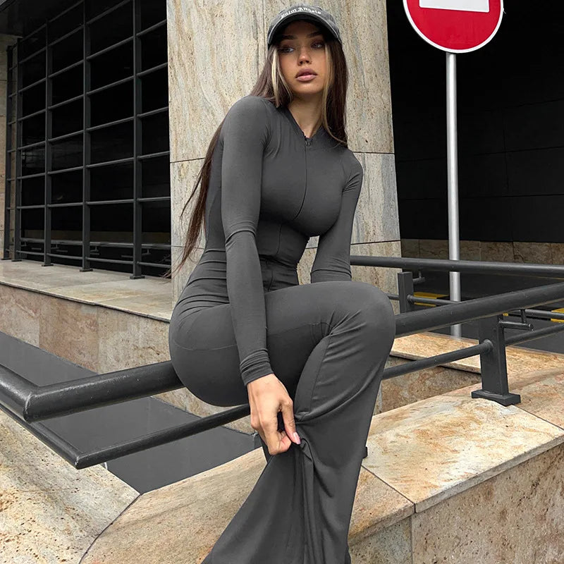 eybag Autumn Fashion Casual Zip Up Bodycon Jumpsuits Outfits for Women Training Yoga Unitards One Piece Long Sleeve Rompers Overalls