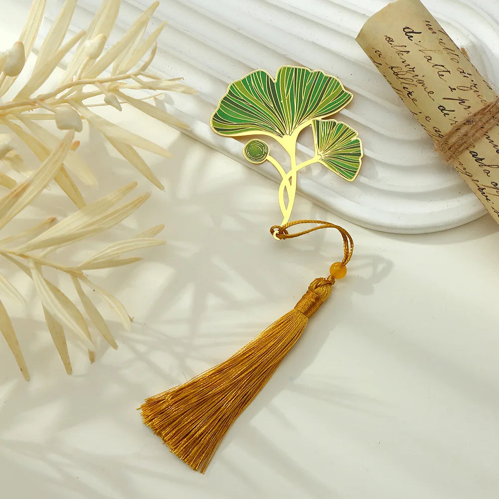 eybag Exquisite Leaf Shape Metal Bookmarks With Tassel Creative Ginkgo Lotus Leaves Book Mark Student Stationery Reading Supplies Gift