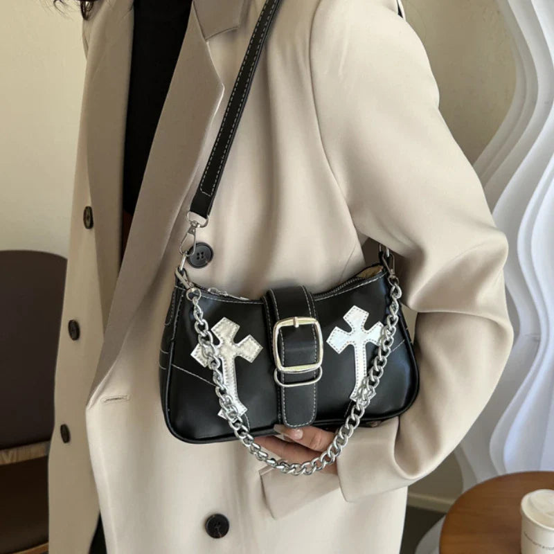 eybag Cool Chain Y2k Girls Underarm Bags Simple Pu Leather Women's Small Shoulder Bag Fashion Retro Female Clutch Handbags Purse