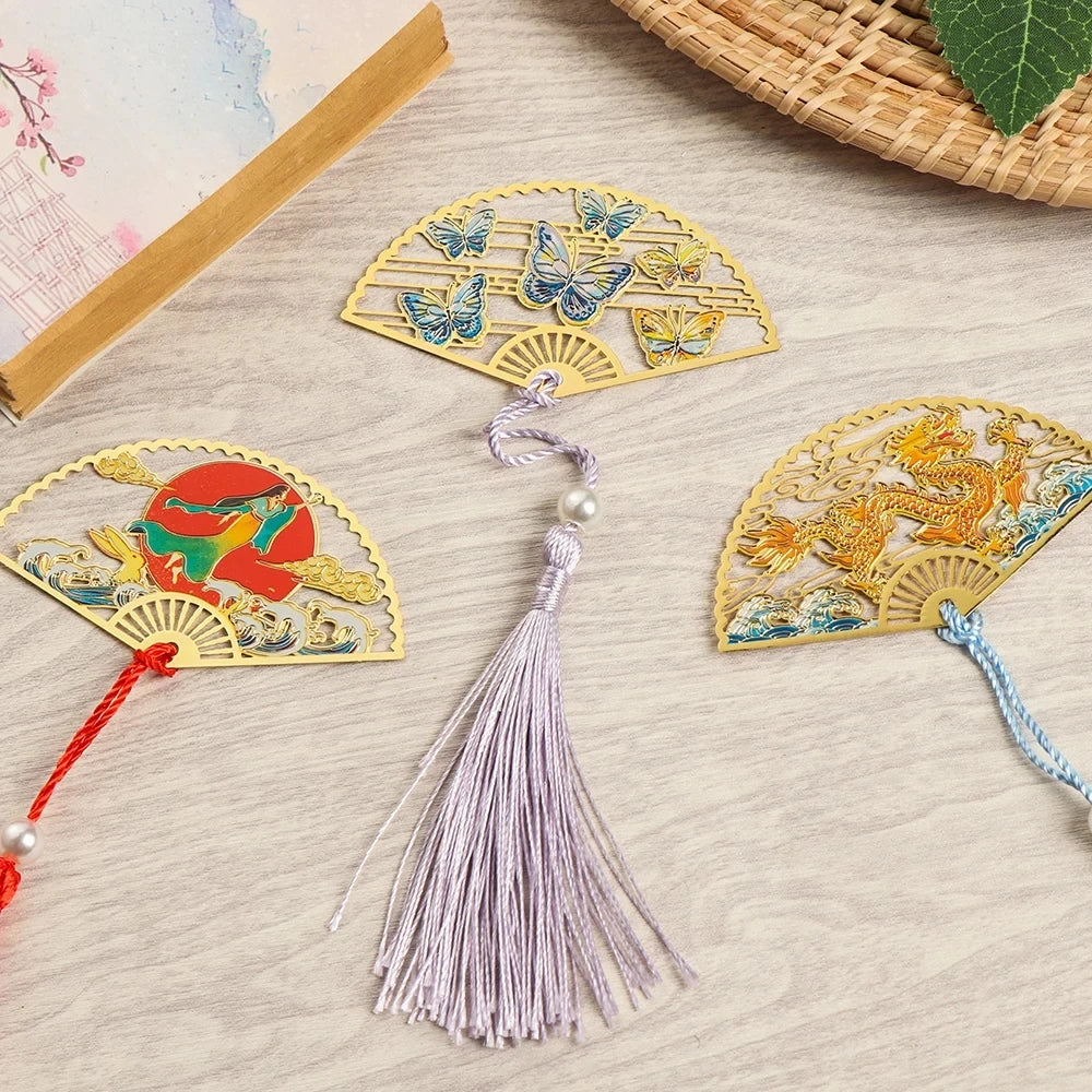 eybag Exquisite Hollow Fan Shape Bookmarks With Tassel Beautiful Chinese Style Metal Book Mark Student Stationery Reading Supplies