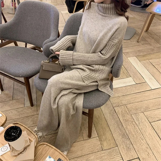 eybag Knitted Loose Turtleneck Sweater Suit Autumn Winter Outfits For Women Solid Long Sleeve Top Wide Leg Pant Sets Fashion Outwear