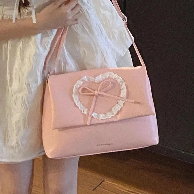 eybag Pink Sweet Shoulder Bag for Women Love Heart Fashion Large Capacity Casual Armpit Bag Elegant Harajuku Literary Handbag