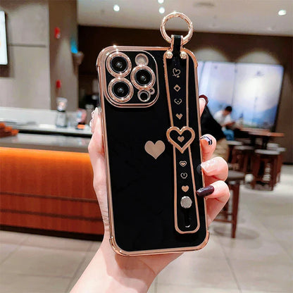 eybag New Electroplated Solid + Love Wrist Strap Mobile Phone Case For iPhone 11/12/13/14/15 Pro Max Apple Series Phone Cases