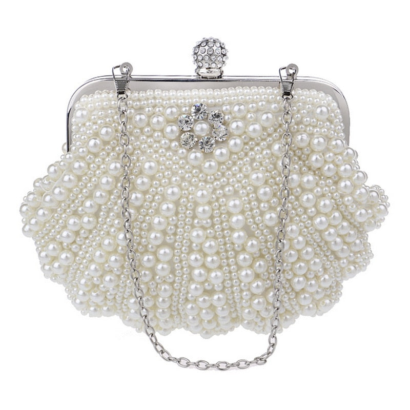 eybag  Beaded Wedding Bridal Evening Bags Hollow Fashion Women Clutch Pearl Diamonds Handbags Shell Design for Party Diner Purse