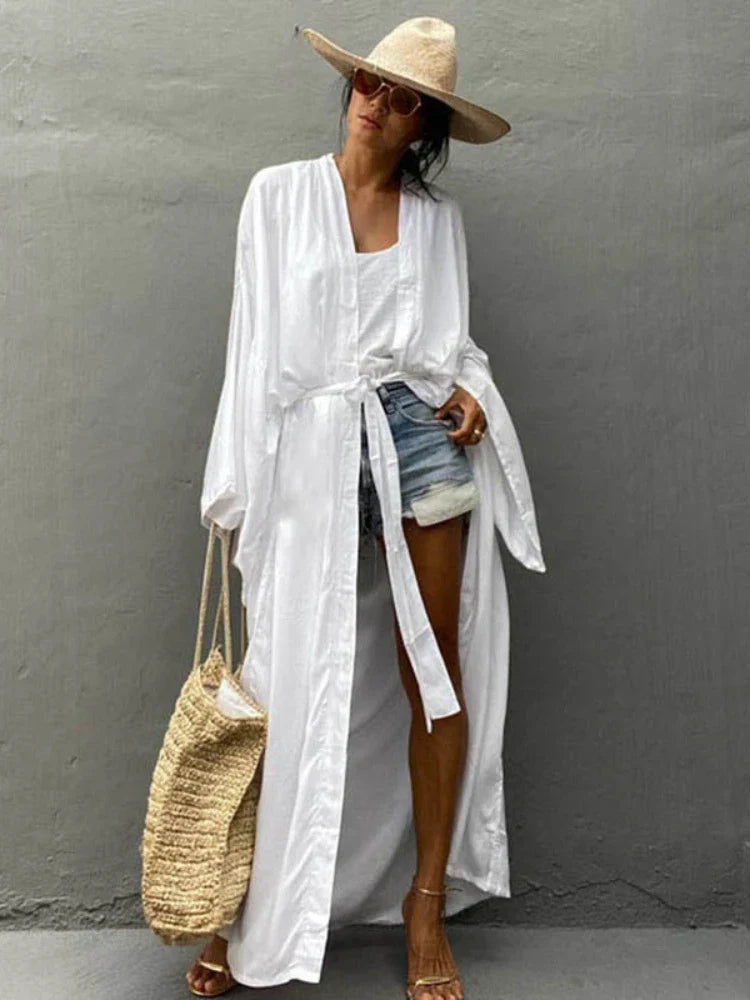 eybag Solid Beach Cover Up Women Self Belted Wrap Kimono Dress Swimsuit 2022 New Robe Summer Beachwear Factory Supply