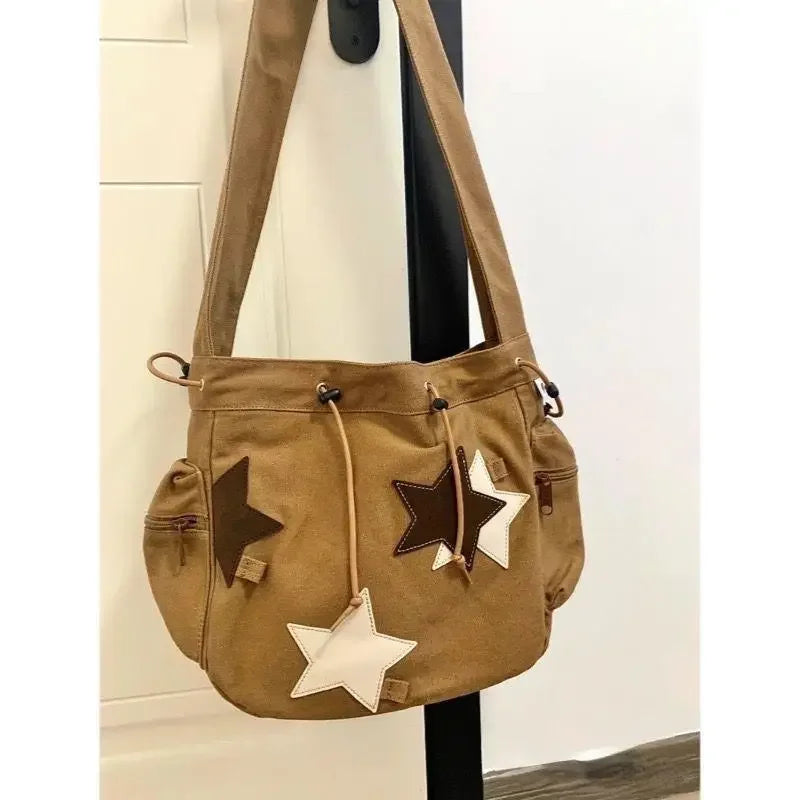 eybag American Vintage Star Drawstring Canvas Contrast Women Shoulder Bag Y2k Large Capacity Commuting Crossbody Bag for Student Ins