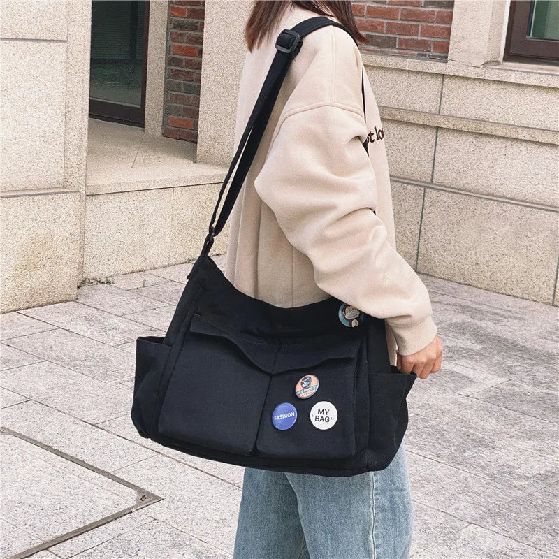 eybag Canvas Student Shoulder Bag Large Capacity Shopping Bags Female Casual Women Tote Solid Color Shoulder Crossbody Bag