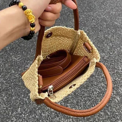 Lkblock Cute Small Shoulder Straw Bag for Women Beach Handbags Basket Bags Female Portable Knitted Straw Woven Bags Tote Composite Bags