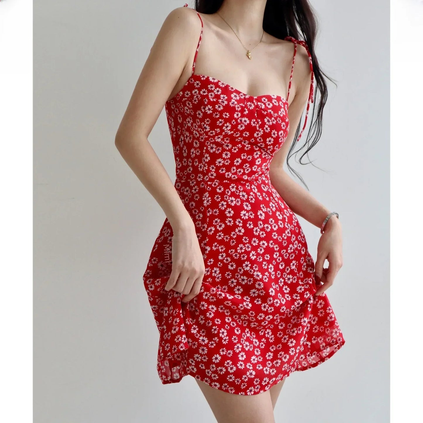 eybag French Vintage Women's Red Bottom Daisy Pattern Slimming Tank Dress Waist-fitted Vacation Style Sleeveless Dress