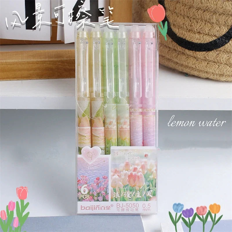 eybag 6pcs Erasable Gel Pens Romantic Flowers Blue Black Ink Signature Pens with Erasers 0.5mm Cute Pens Writing Tools Office School