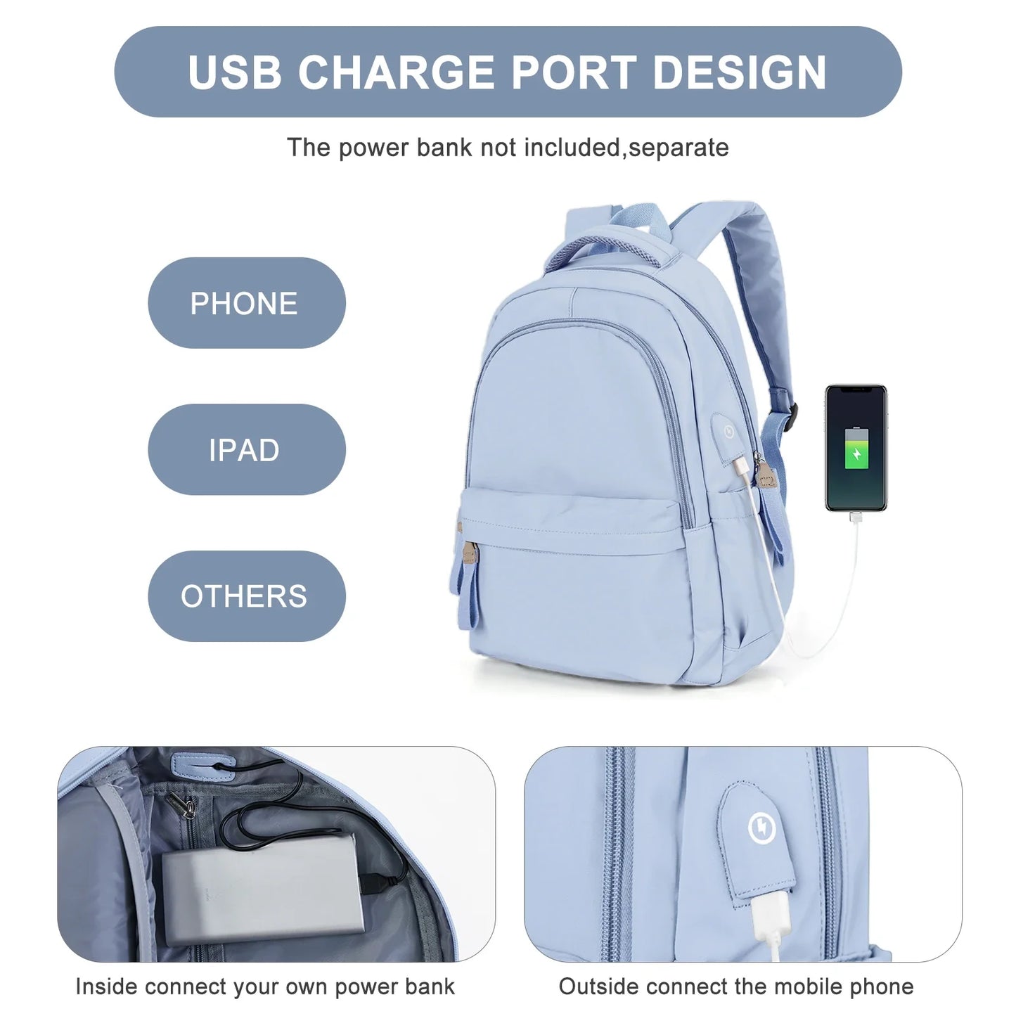 eybag School Backpack for Women Lightweight Casual High School Bags Waterproof Daypack With Usb Charging Port College Laptop Bookbag