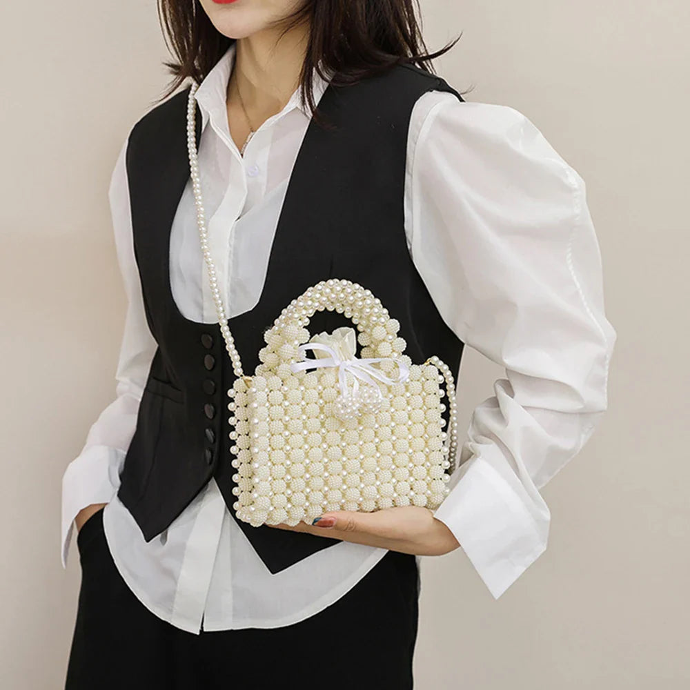 eybag Luxury Woven Pearls Bag Shoulder Bags for Women Designer Small Beading Handbags Brands Party Evening Purse Wedding Clutch Tote