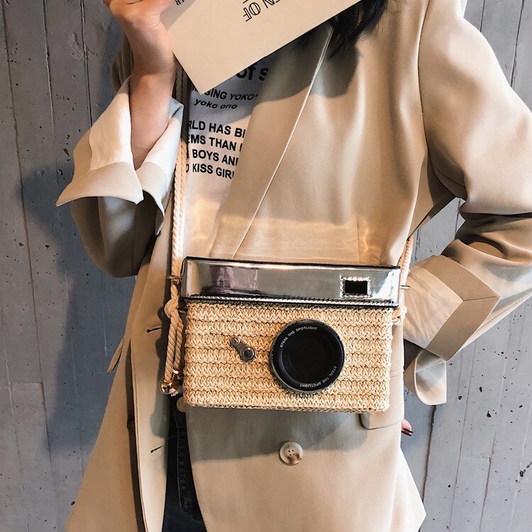 eybag Fun Designer Bag 2022 New Women Fashion Camera Straw Woven Handbag Female One Shoulder Bag Crossbody Bag Flap Purse