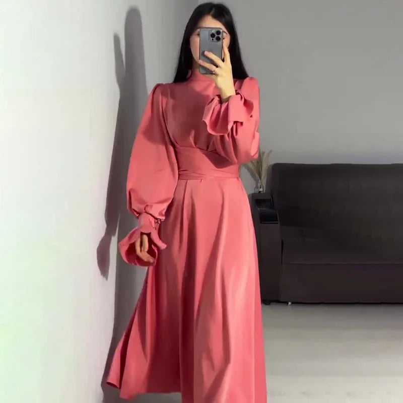 eybag Elegant Ruffled Long Sleeve Long Dress Women's Fashion Bandage Evening Dress Retro Slim Lace Up Solid Color Long Dress