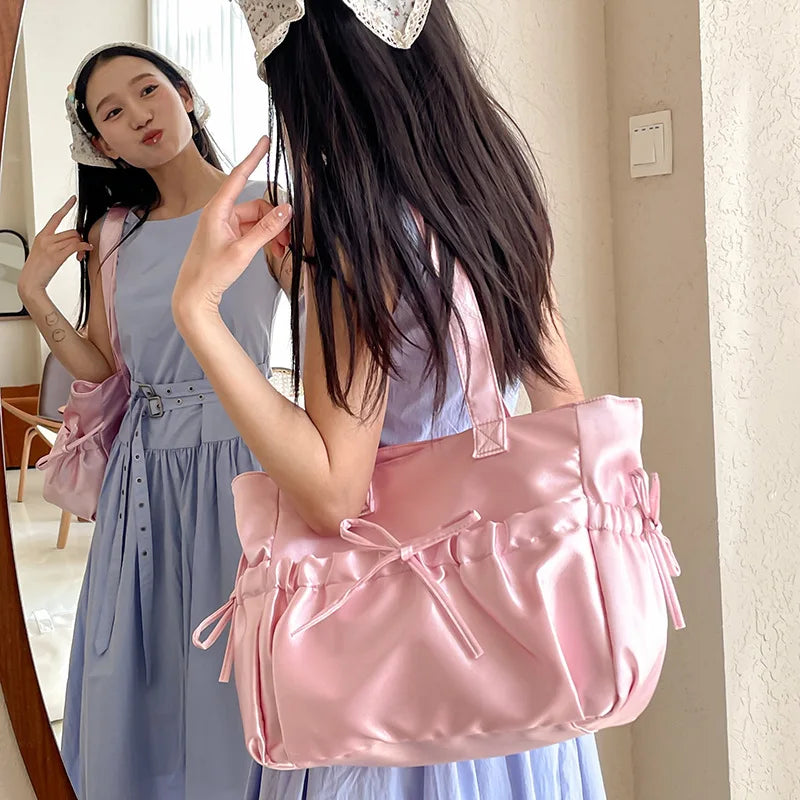 eybag Lolita Kawaii JK Bag Girls Pearl Light Wrinkle Bowknot Shoulder Bag Women 2024 Japanese High School Girls Purses and Handbags