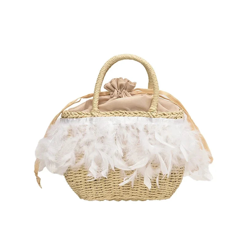 eybag Hot Selling Feather Rattan Woven Drawstring Women's Handbag 2024 Summer Fashion New Product Beach Vacation Niche Design