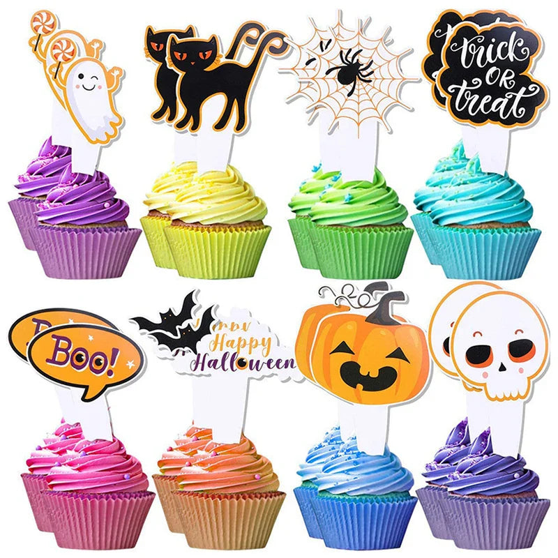 -16-48pcs Halloween Cupcake Toppers Pumpkin Ghost Bat Cake Flag Dessert Cake Decorations Kids Halloween Birthday Party Supplies