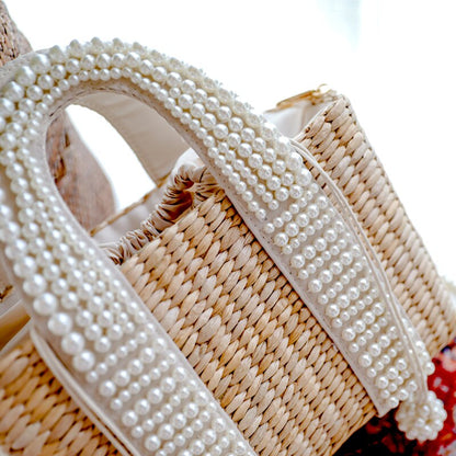 Lkblock Hand Woven Straw Beach Bags for Women 2022 Summer Luxury Designer Handbag with Pearls Drawstring Chain Shoulder Tote Bags