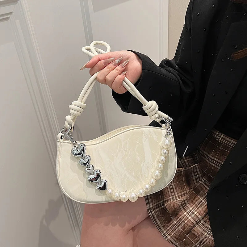 eybag Pink Pearl Womens Shoulder Bag Elegant Chains Beading Leather Korean Fashion Handbag Commuter Casual Ladies Aesthetic Bags