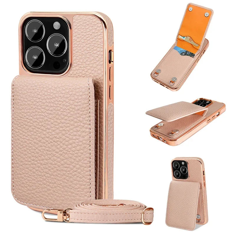 eybag Crossbody Card Slot Holder Phone Case For iphone 15 14 Plus 13 Pro Max Necklace Strap Lanyard Cord Leather Electroplated Cover