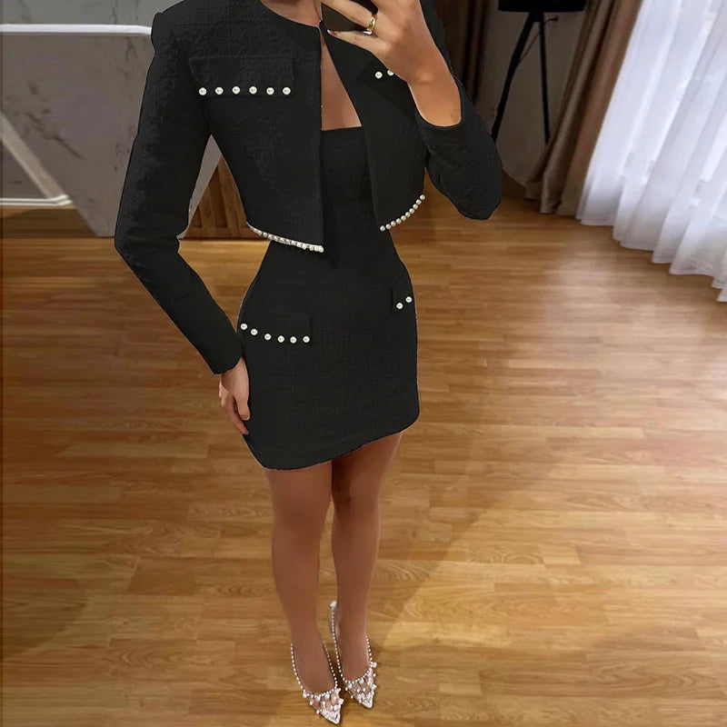 eybag Pearl Dress Sets Women Autumn Long Sleeve Coat And Mini Dress Two Piece Sets Femme Sexy Strapless Dress Matching Sets