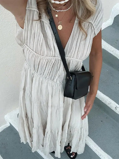 eybag Elegant Solid Round Neck Patchwork Pleated Maxi Dress Chic High Waisted Short Sleeve A-line Hem Robes Summer Lady Casual Dresses