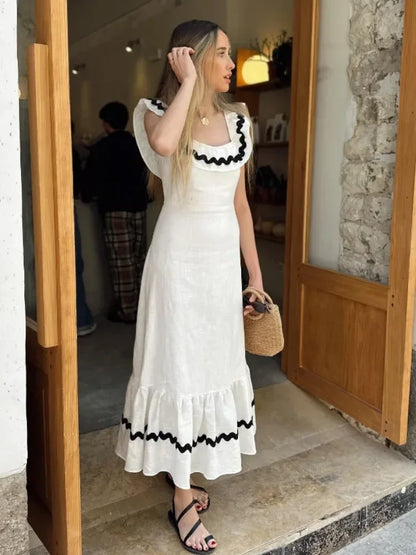 eybag Summer Elegant Contrasting Ruffles Pleated Long Dress Chic Women Square Collar Sleeveless Slim Maxi Dresses Lady Vacation Robes