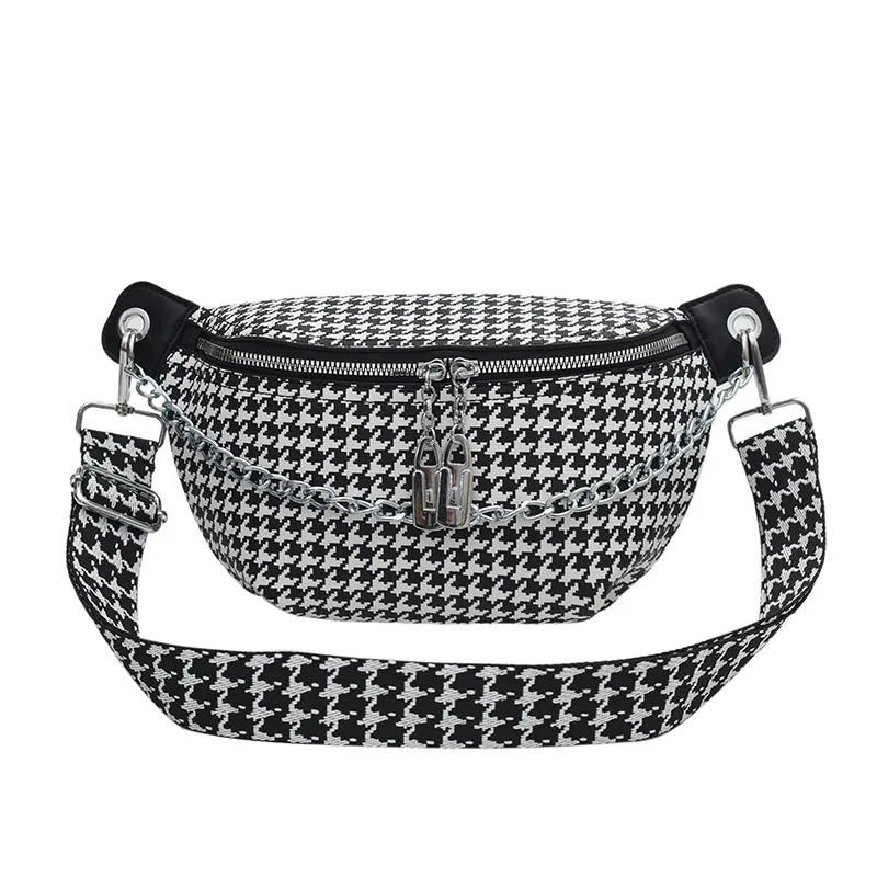 eybag Fashion Chain Waist Bag For Women Houndstooth Chest Bag Quality Leather Fanny Pack Luxury Designer Female Shoulder Crossbody Bag