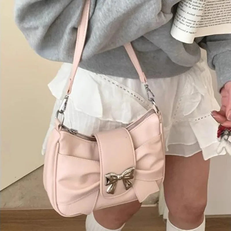 eybag Pink Bow Womens Shoulder Bag Korean Fashion College Style Elegant Handbag Square Pleated Sweet Casual Leather Armpit Bag